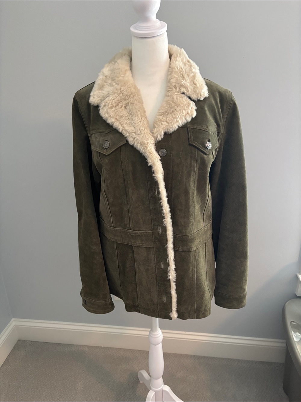 Wilson Suede Olive Suede Jacket with Cream Shearling Collar